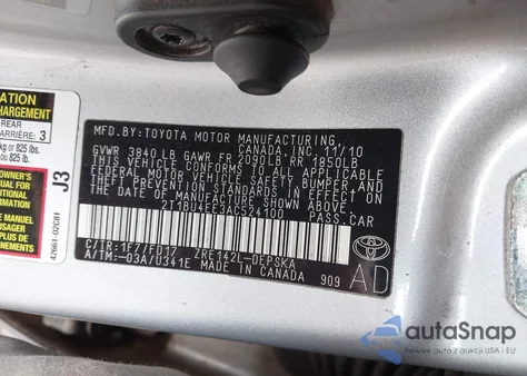 2010 Toyota Corolla S z USA, uszkodzony, nr VIN 2T1BU4EE3AC524100